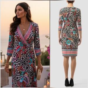 Joseph Ribkoff 8 Whimsigoth Boho Romantic Resortwear Jersey Knit Surplice Dress